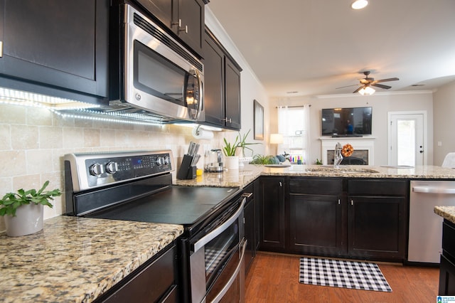 kitchen with tasteful backsplash, sink, dark hardwood / wood-style flooring, ceiling fan, and stainless steel appliances