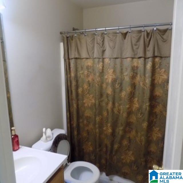 bathroom with vanity, toilet, and walk in shower