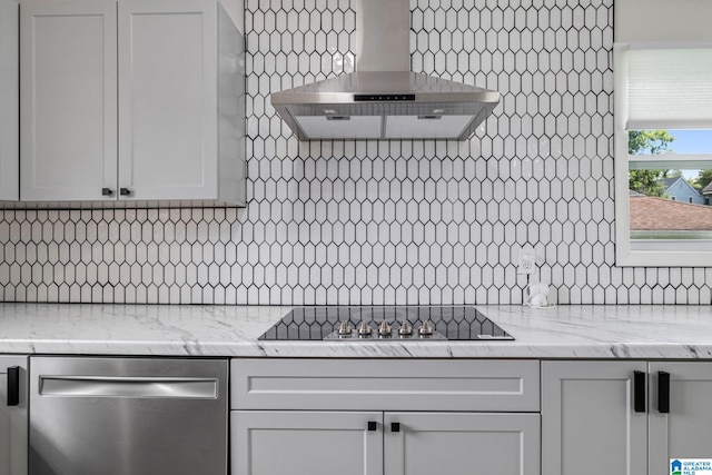 kitchen with wall chimney range hood, dishwasher, black electric cooktop, white cabinetry, and decorative backsplash