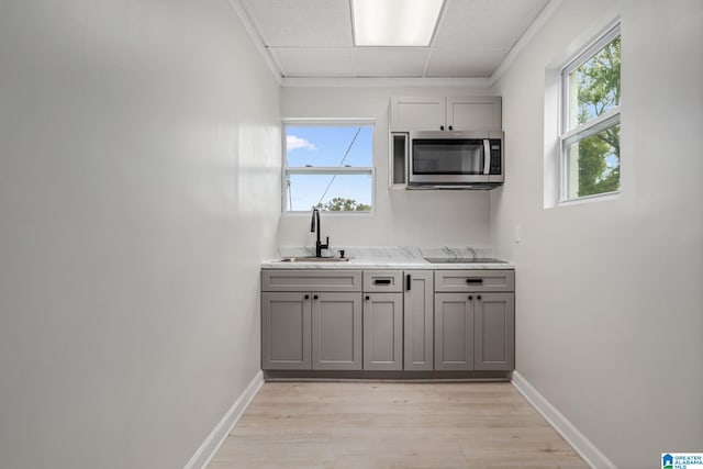 kitchen with light hardwood / wood-style flooring, ornamental molding, black electric cooktop, gray cabinets, and sink