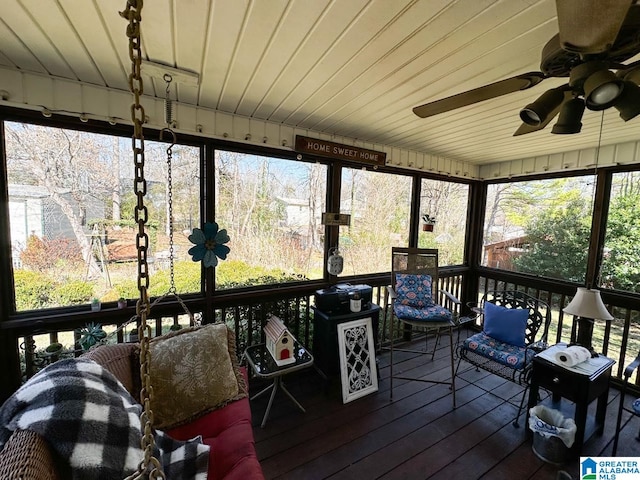 sunroom featuring wooden ceiling and a ceiling fan