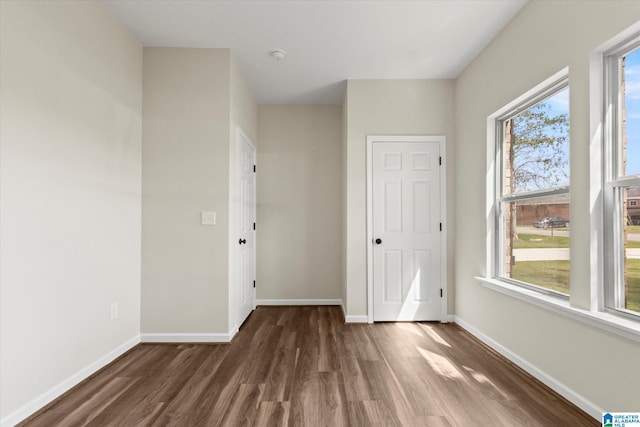 interior space with multiple windows and dark hardwood / wood-style flooring