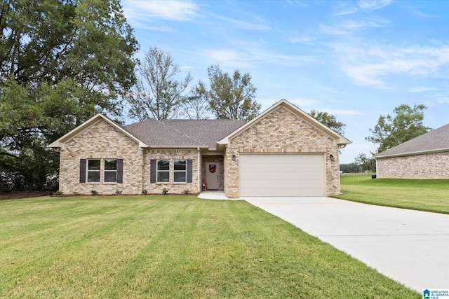 ranch-style home with a front lawn and a garage