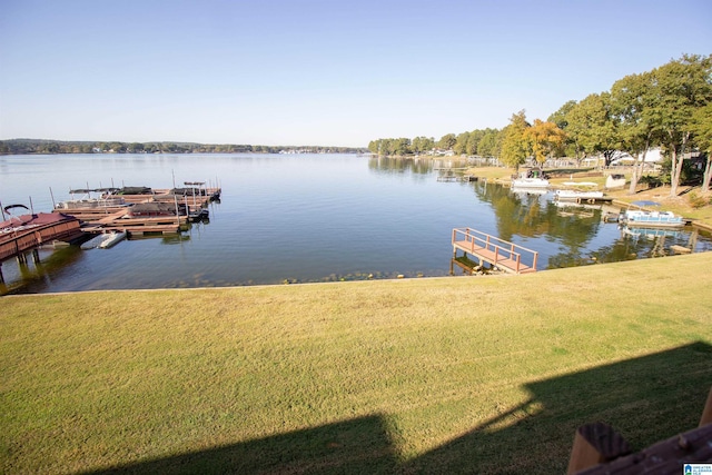 dock area featuring a water view and a yard