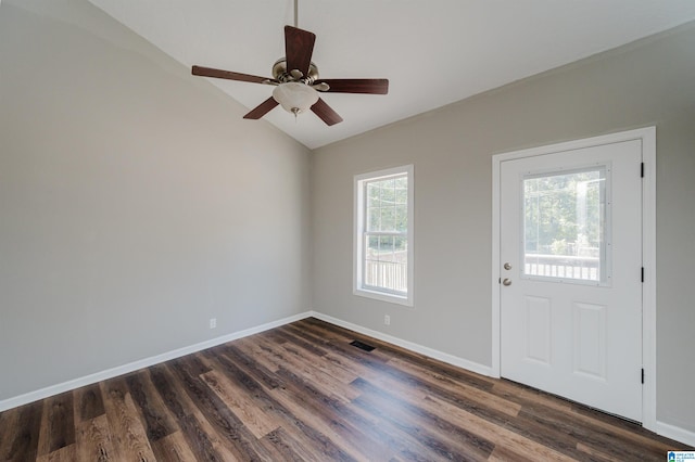 entrance foyer featuring dark wood-type flooring, vaulted ceiling, and a wealth of natural light