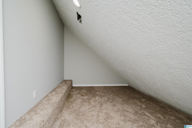 bonus room featuring vaulted ceiling, a textured ceiling, and carpet flooring