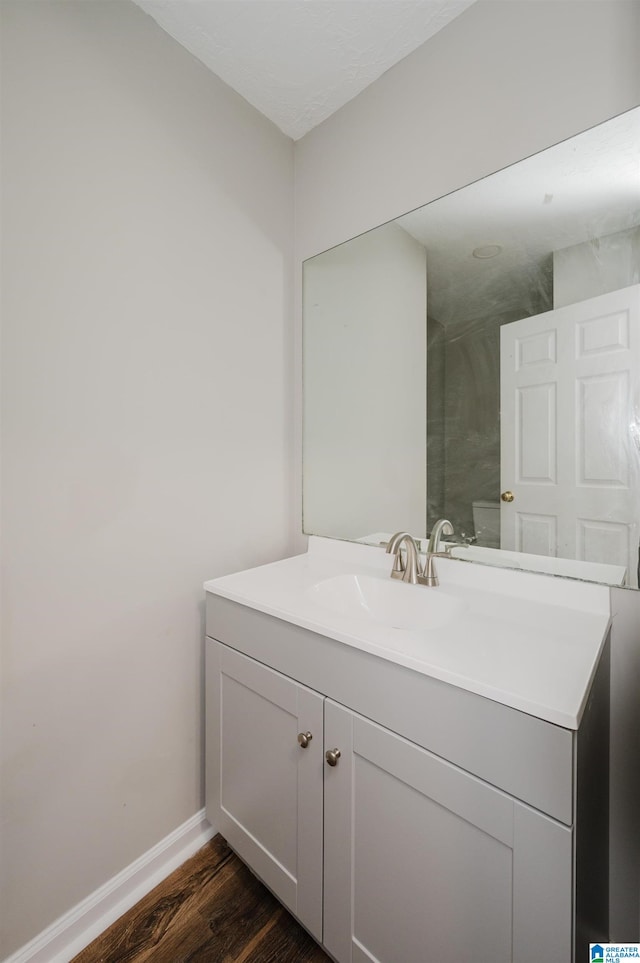 bathroom with vanity and hardwood / wood-style floors