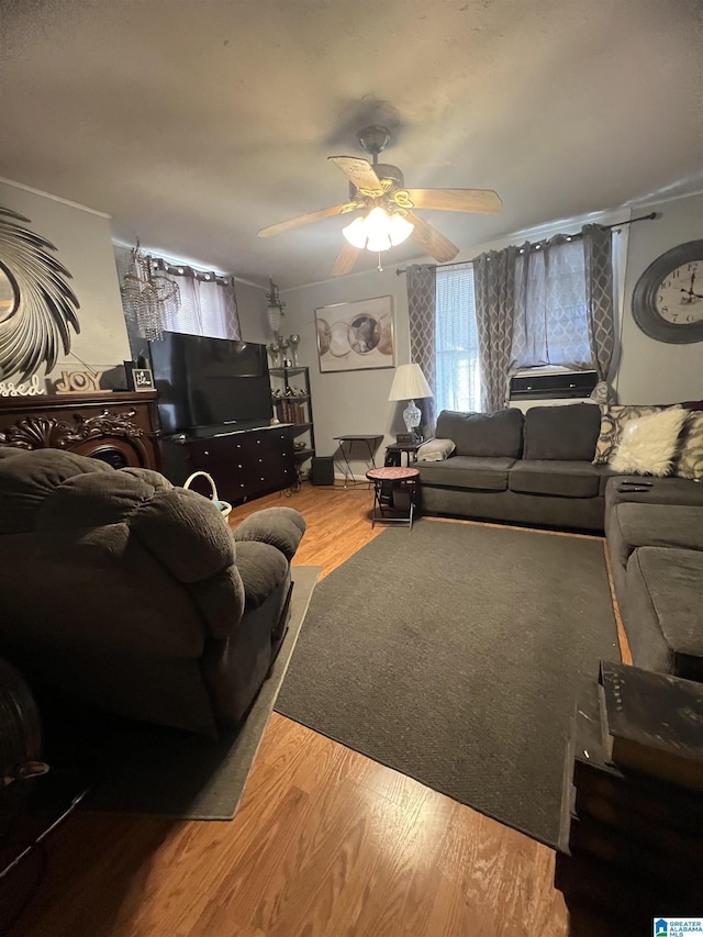living area with ceiling fan and wood finished floors