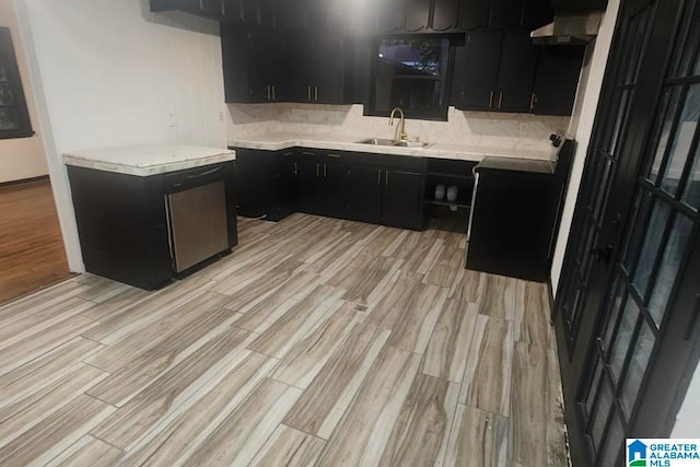 kitchen featuring tasteful backsplash, stainless steel dishwasher, range, light hardwood / wood-style floors, and sink