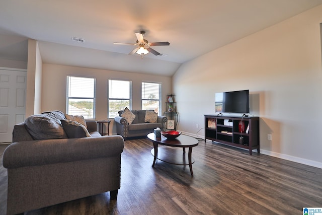 living room with vaulted ceiling, ceiling fan, and dark hardwood / wood-style flooring