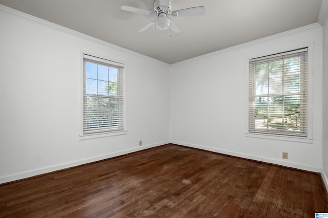 unfurnished room with dark wood-type flooring, crown molding, and ceiling fan