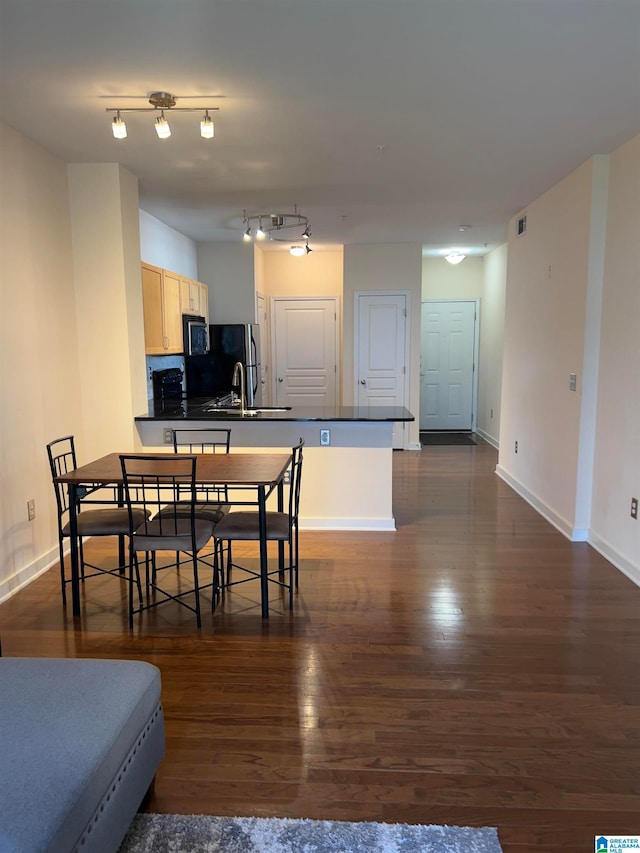 dining space featuring dark wood-type flooring and sink