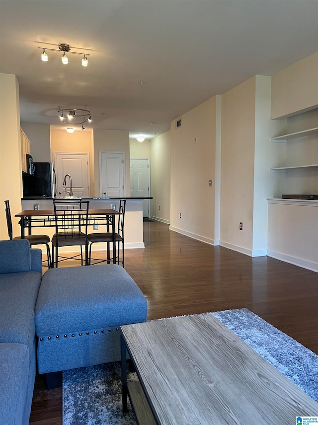 living room featuring dark hardwood / wood-style floors and sink