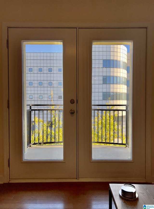 doorway with a wealth of natural light and wood-type flooring