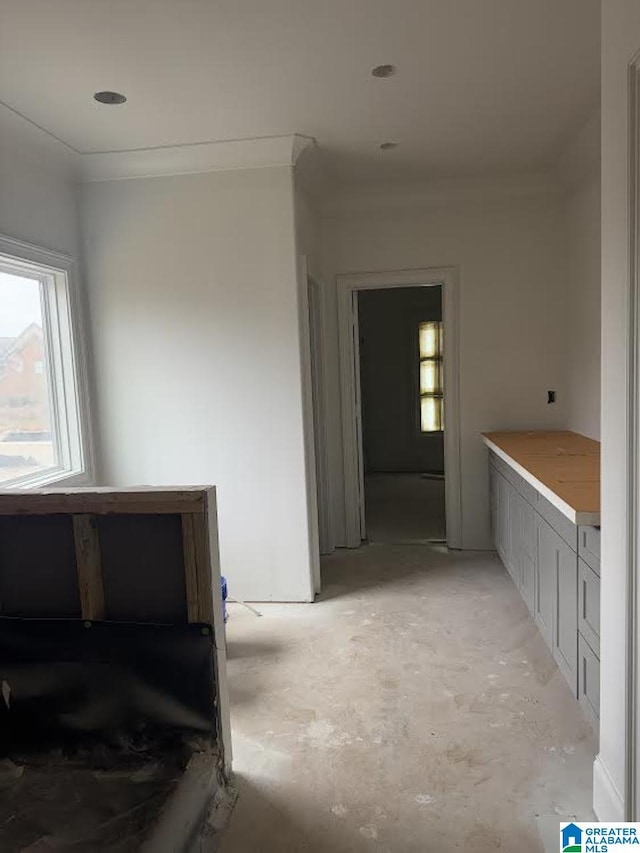 corridor featuring crown molding and concrete flooring