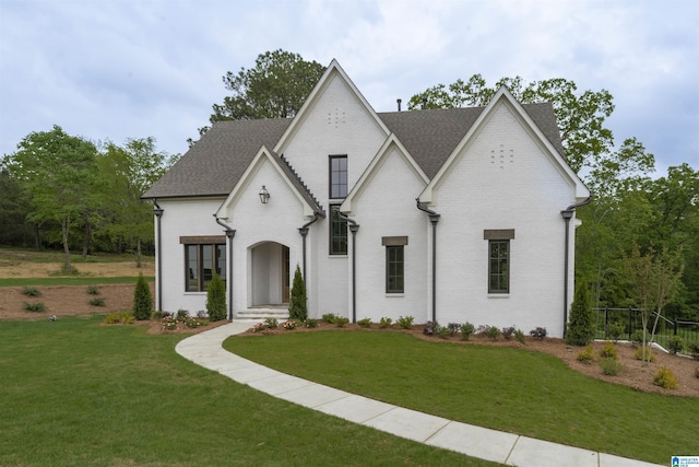 french provincial home featuring brick siding, a front yard, and roof with shingles