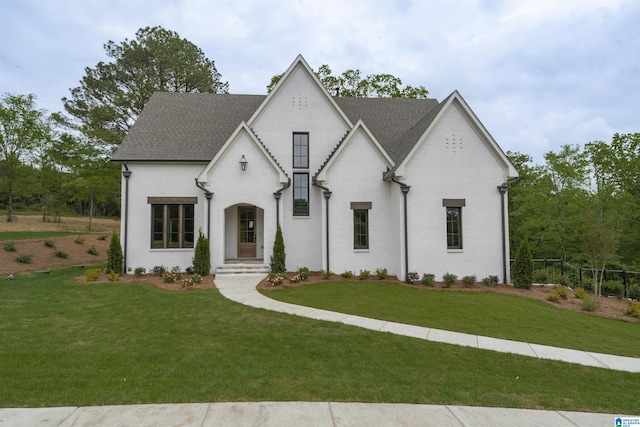 view of front facade featuring fence, a shingled roof, a front lawn, and brick siding