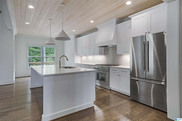 kitchen with high quality appliances, a sink, premium range hood, recessed lighting, and wood ceiling