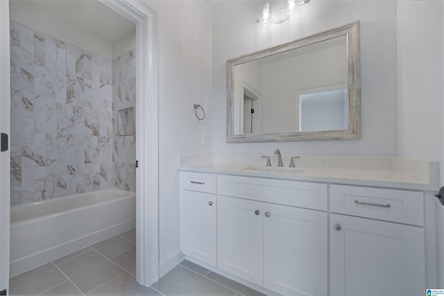 full bathroom with tile patterned flooring, baseboards, tub / shower combination, and vanity
