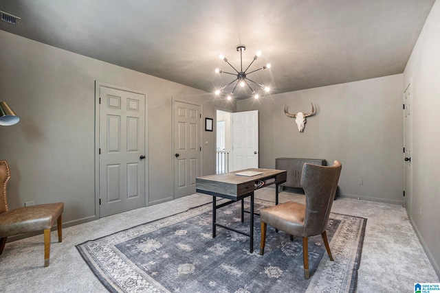 office area featuring a chandelier and carpet flooring