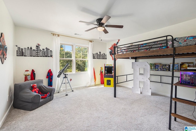 carpeted bedroom featuring ceiling fan