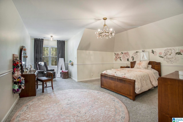 bedroom with an inviting chandelier, vaulted ceiling, and light colored carpet