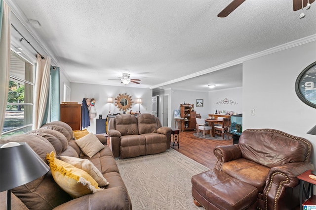 living room with crown molding, hardwood / wood-style flooring, a textured ceiling, and ceiling fan