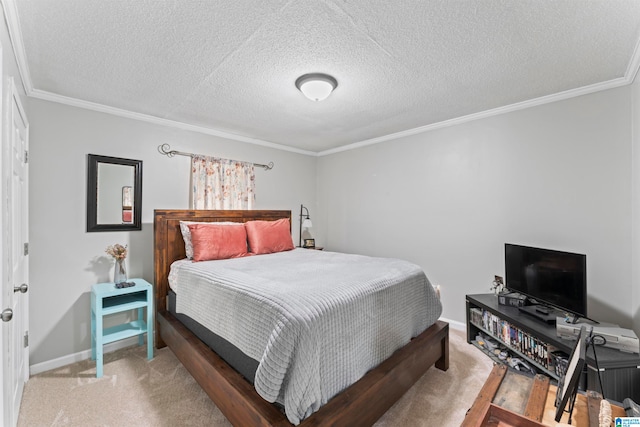 carpeted bedroom with a textured ceiling and ornamental molding