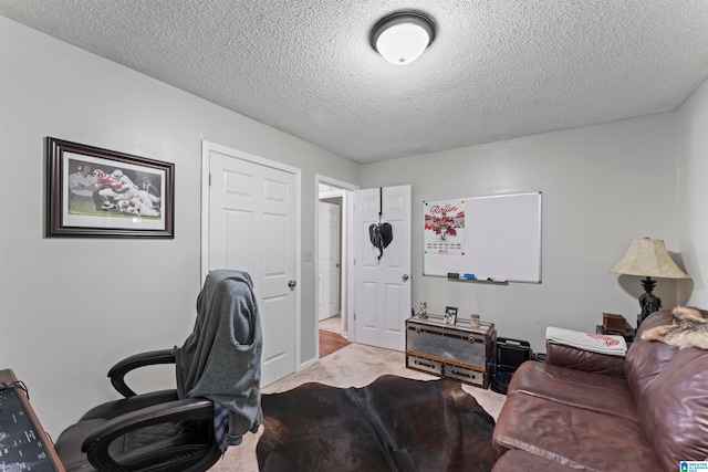 carpeted office with a textured ceiling