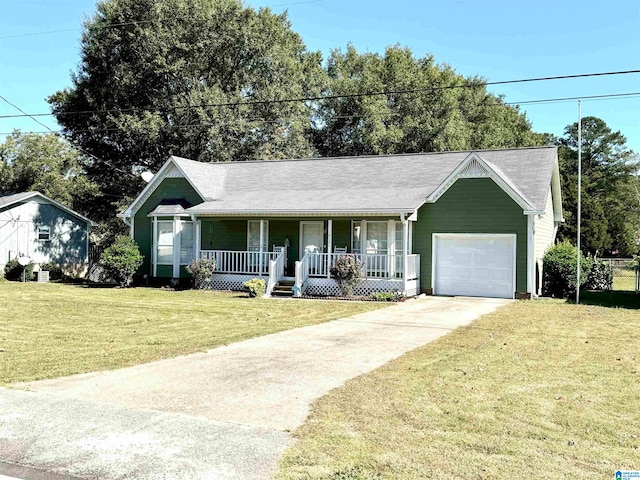 ranch-style house featuring a garage, a front lawn, and a porch