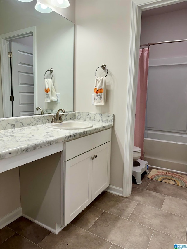 full bathroom with vanity, toilet, shower / tub combo, and tile patterned flooring