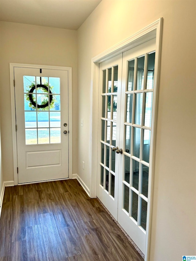 doorway with dark wood-type flooring and french doors