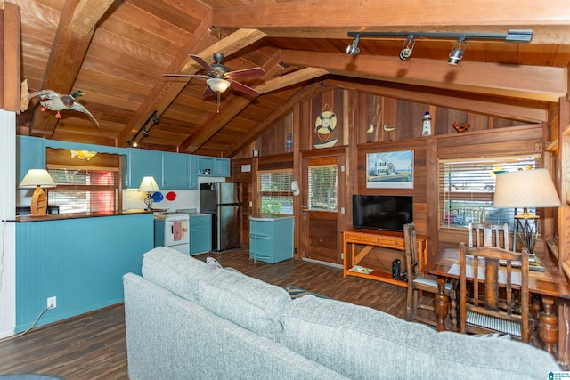 living room featuring dark wood-type flooring, lofted ceiling with beams, wood ceiling, and ceiling fan