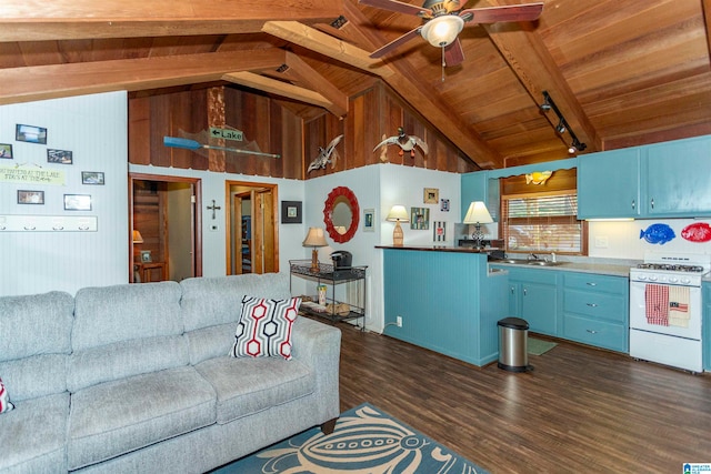 living room featuring dark hardwood / wood-style floors, beamed ceiling, wooden ceiling, sink, and ceiling fan