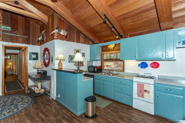 kitchen with white gas range, track lighting, sink, lofted ceiling with beams, and blue cabinets