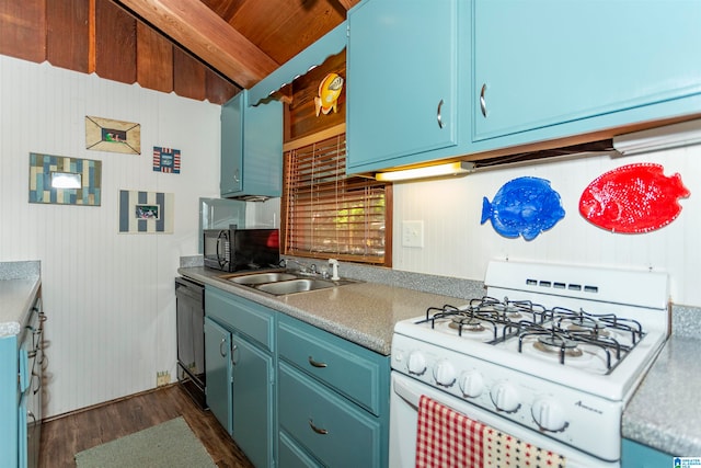 kitchen with white gas range, stainless steel dishwasher, dark hardwood / wood-style floors, wooden walls, and sink