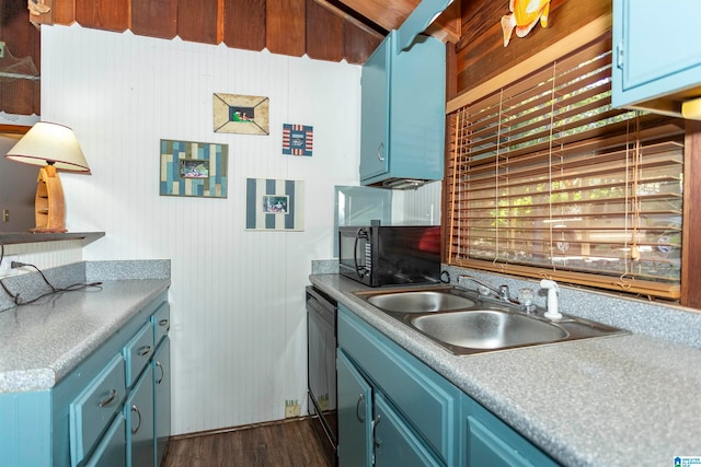 kitchen featuring blue cabinets, sink, stainless steel dishwasher, and dark hardwood / wood-style floors