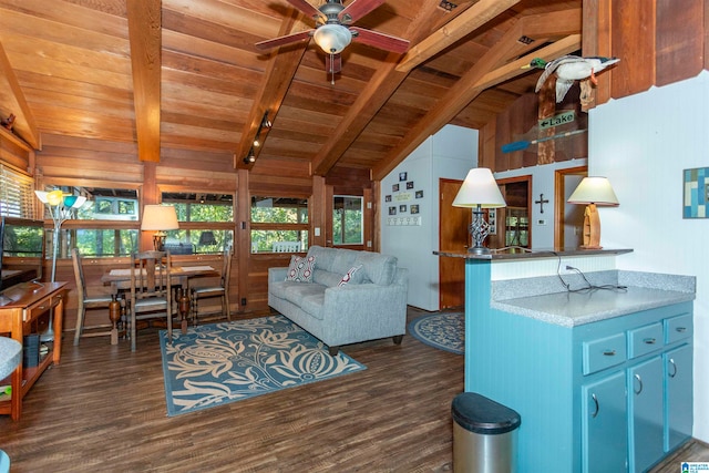 living room featuring plenty of natural light, wood ceiling, vaulted ceiling with beams, and dark hardwood / wood-style floors