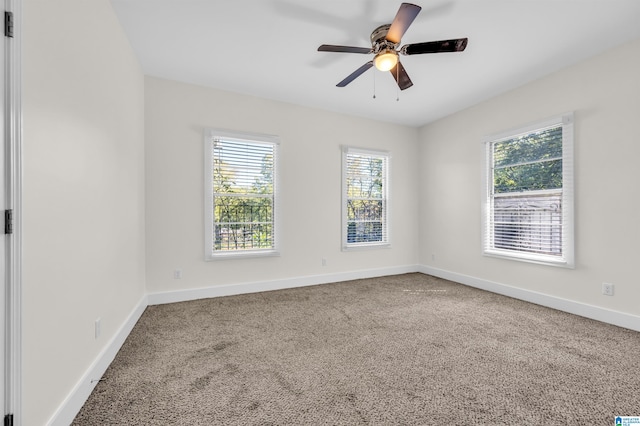 spare room featuring a wealth of natural light, carpet floors, and ceiling fan