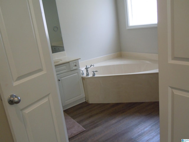 bathroom with vanity, wood-type flooring, and a bathtub