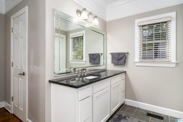 bathroom featuring vanity, ornamental molding, and a wealth of natural light