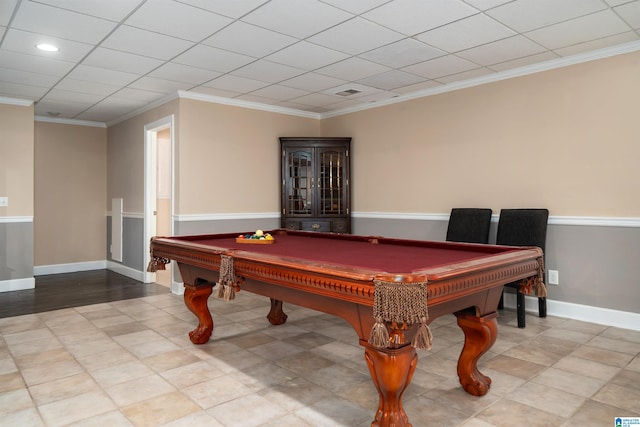 playroom featuring ornamental molding and billiards