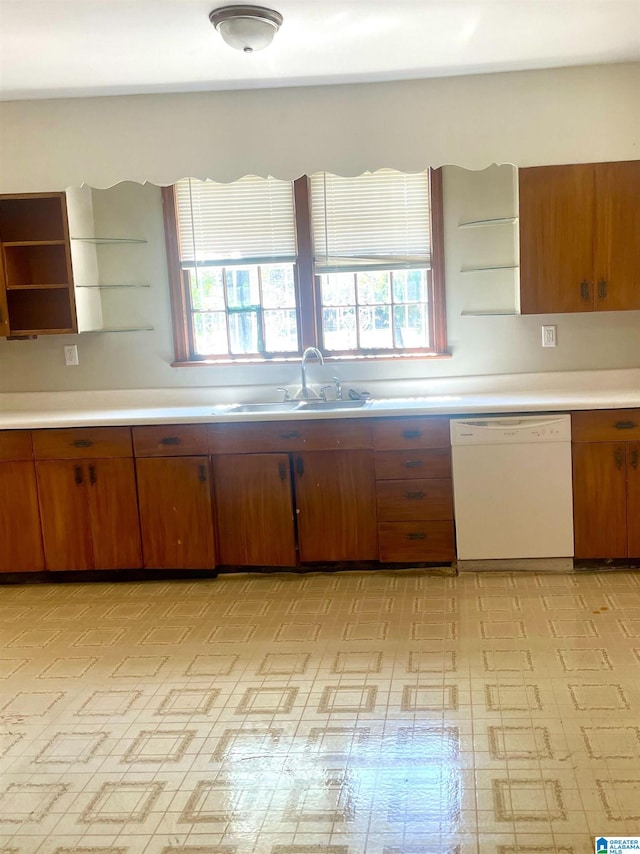 kitchen with a healthy amount of sunlight, white dishwasher, and sink