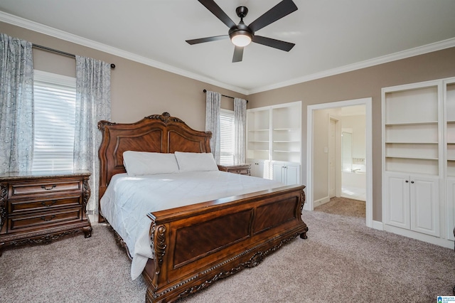 bedroom with light carpet, multiple windows, ornamental molding, and ceiling fan