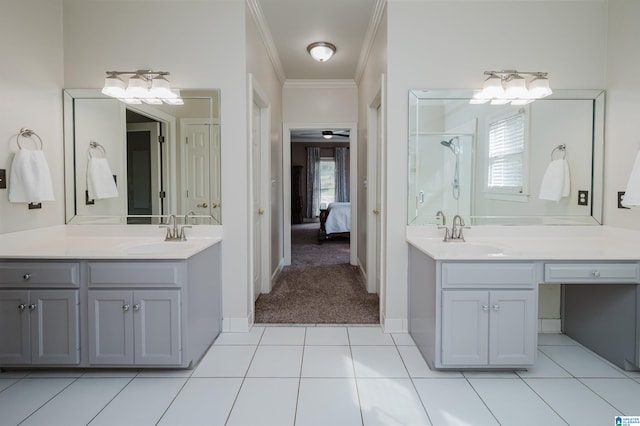 bathroom with vanity, walk in shower, and plenty of natural light