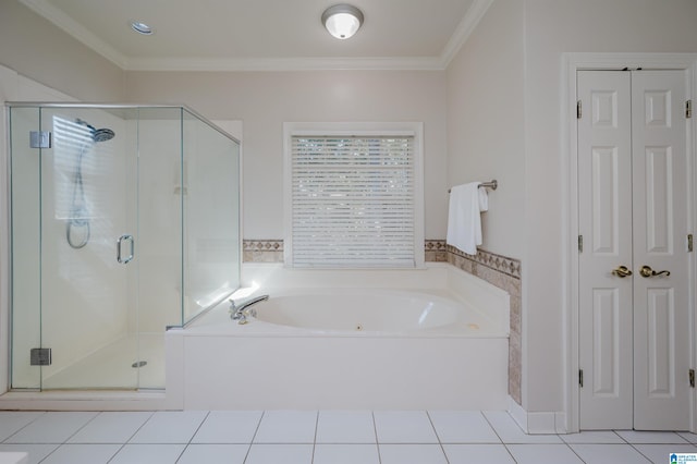 bathroom featuring ornamental molding, plus walk in shower, and tile patterned floors