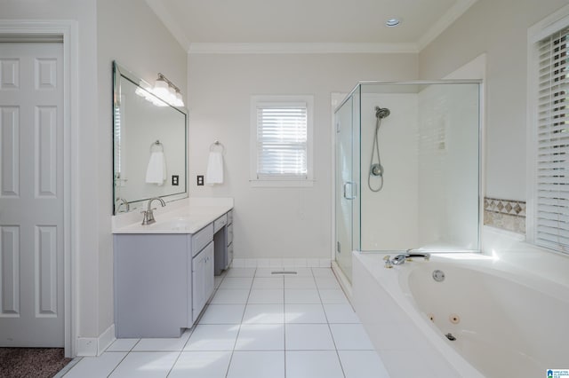 bathroom featuring vanity, tile patterned floors, ornamental molding, and plus walk in shower