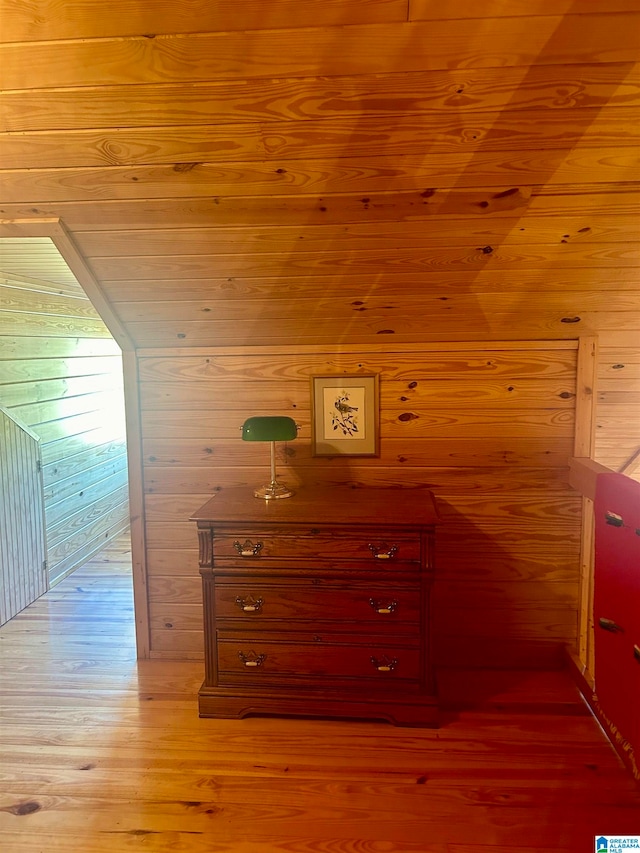 interior space with hardwood / wood-style flooring and wood walls