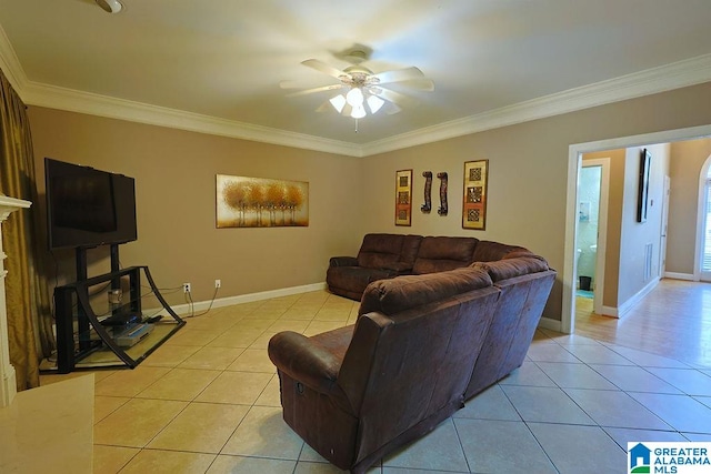 living room with crown molding, light tile patterned flooring, and ceiling fan