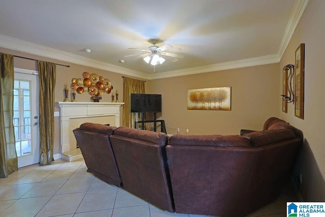 tiled living room featuring crown molding and ceiling fan